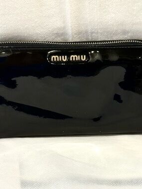 Miu Miu Black Patent Leather Zip Around Wallet with Silver Hardware
